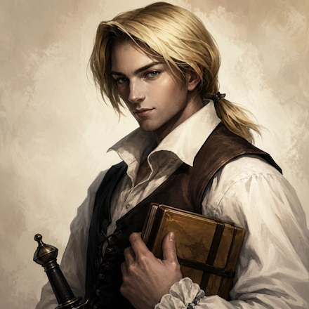 Illustrated portrait of Anton Branlin, a blond literary-adventurer author persona holding a leather-bound book.
